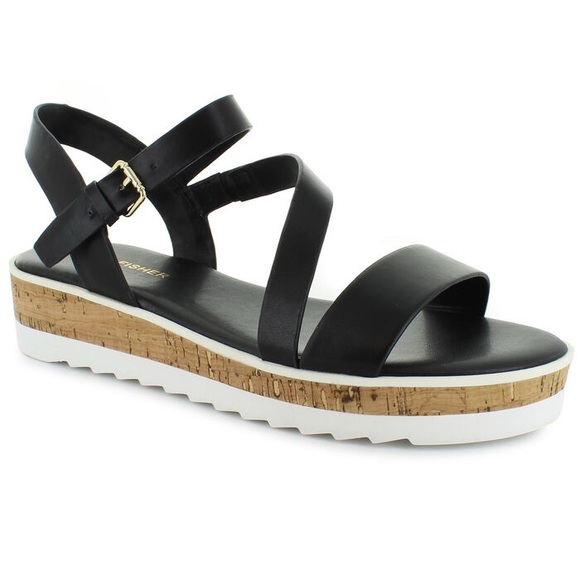 Marc Fisher Shoes - Marc Fisher Grandie Black Faux Leather Wedge Sandals Shoes Womens Size 9.5